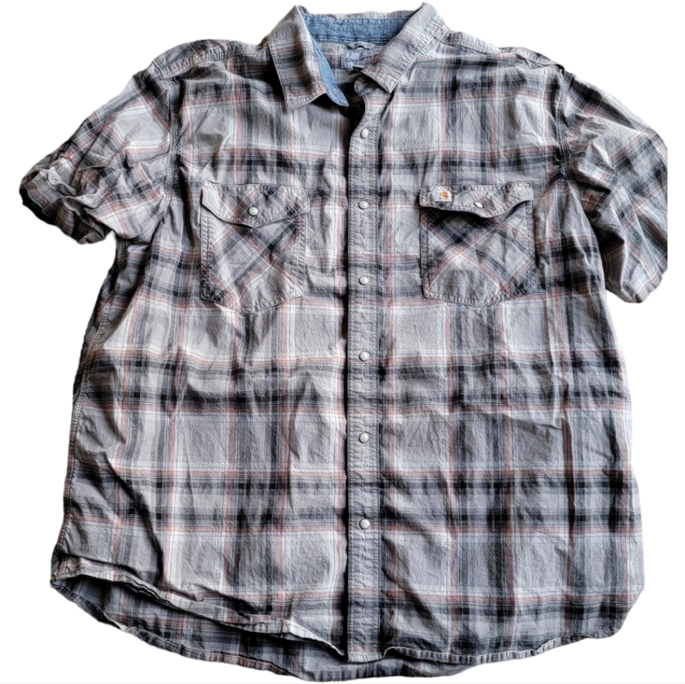 Carhartt Button Up Shirt. Pearl Snap Button. Short Sleeve, Plaid. Mens 2XL.